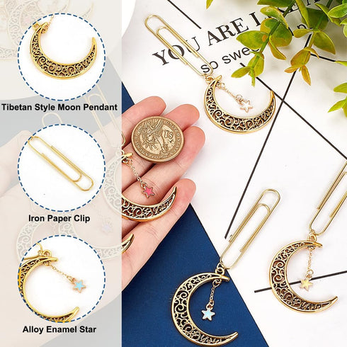 OLYCRAFT 12Pcs Moon and Star Paperclips, 3.8 Inch Alloy Pendant Clips for Document Sorting