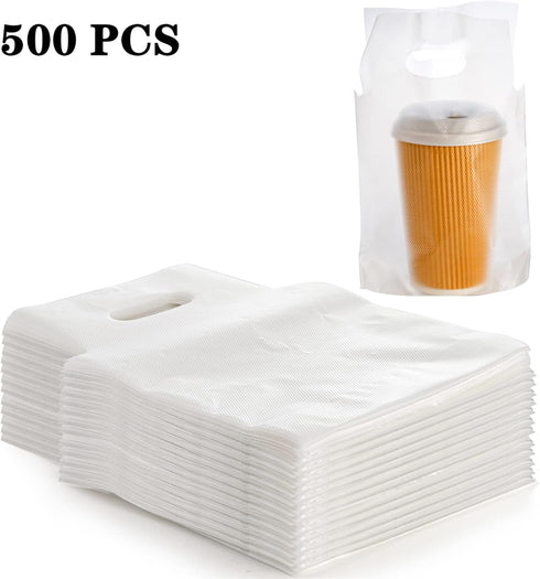 500 Packaging 7.8" 11" 33 OZ DEAYOU PCS Clear Handle Drink Poly Bags, Plastic Drinking Bag for Delivery, L x H Hanging