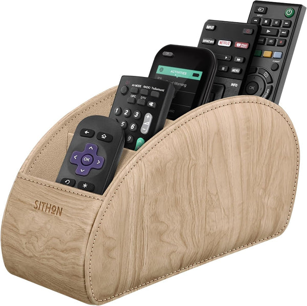 SITHON Remote Control Holder with 5 Compartments, PU Leather Caddy Desktop Organizer for TV, DVD, Blu-Ray Controllers