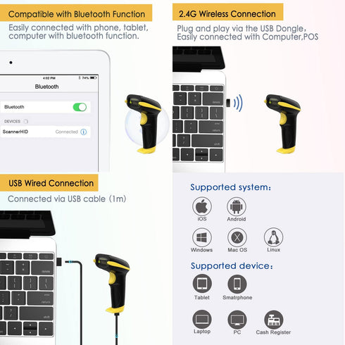 NADAMOO Wireless Barcode Scanner, Handheld USB 1D Cordless Laser Reader for Inventory, Compatible with Windows/Mac/Linux
