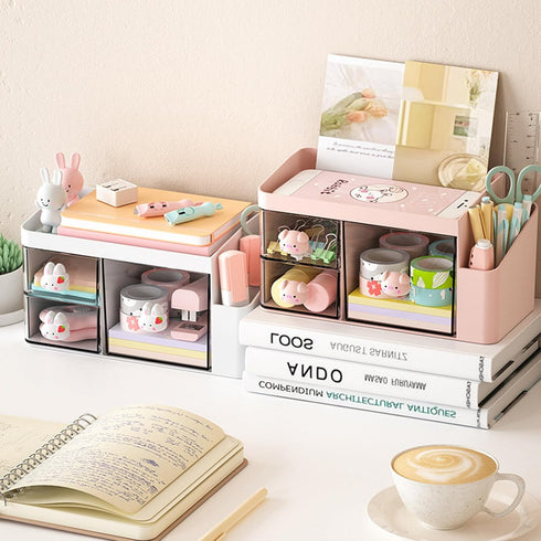 Desk Organizer with Pencil Holder and 3 Drawers, Desktop Stationery Holder for Office, Home, School (Rabbit Handle)