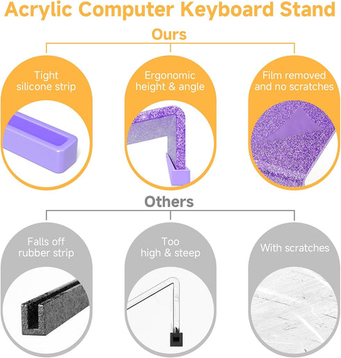 Rulyyo 17 Inch Ergonomic Computer Keyboard Stand - Glitter Purple Acrylic Keyboard Riser for Desk Tilted Keyboard