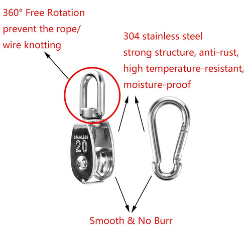 10Pcs 304 Stainless Steel M20 Single Pulley Block with 10Pcs Spring Snap Hook, Wire Rope Hanging