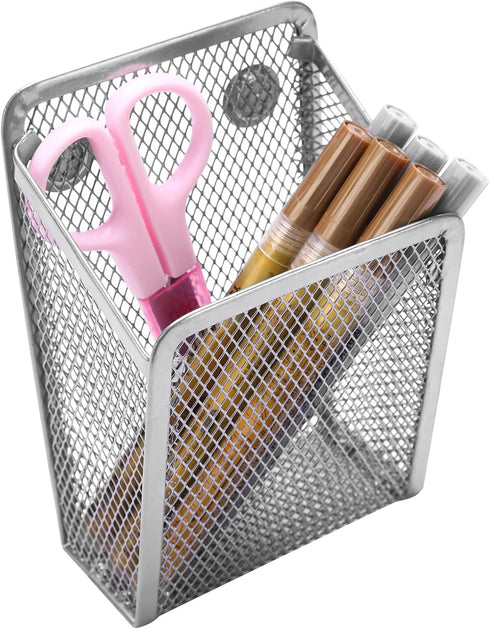 Magnetic Pencil Holder, Mesh Stainless Steel Pen Basket for Writing Utensil Storage in Home, Office, Kitchen, Locker