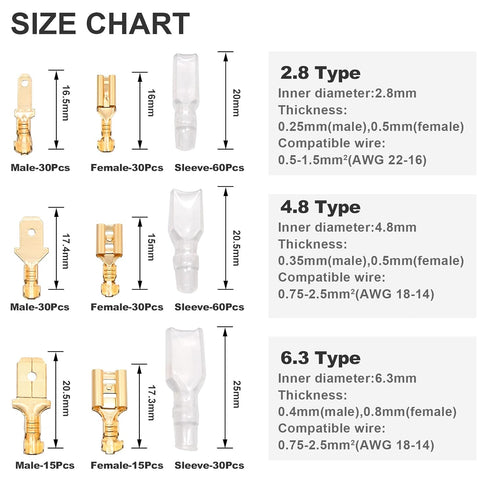 QTEATAK 2.8,4.8,6.3mm Golden Quick Splice Male and Female Wire Spade Crimp Terminal Connectors Assortment Kit with Insulating Sleeve(300Pcs)