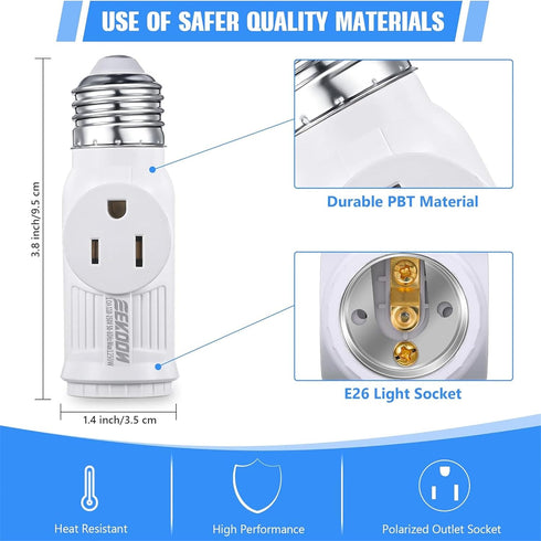 Feekoon 4 Pcs 3 Prong Light Socket Adapter, E26 Light Bulb Outlet Adapter, Polarized Light Socket to Plug Adapter, Light Bulb to 2/3 Prong Outlet Plug Splitter Converter for Garage Porch (White)