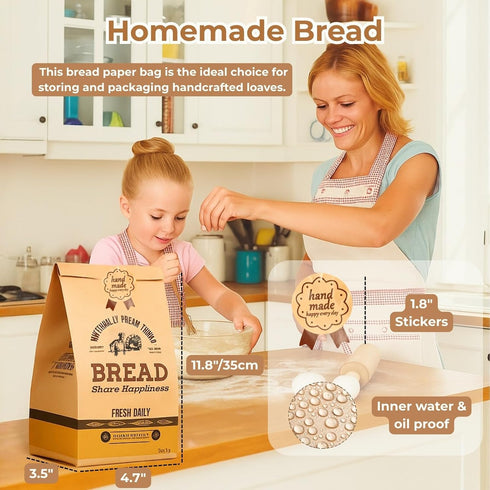 300 Pack 11.8x4.7x3.5in Packaging, Kraft Paper Bread Bags for Homemade Bread w/Clear Window & Seal Stickers | Medium