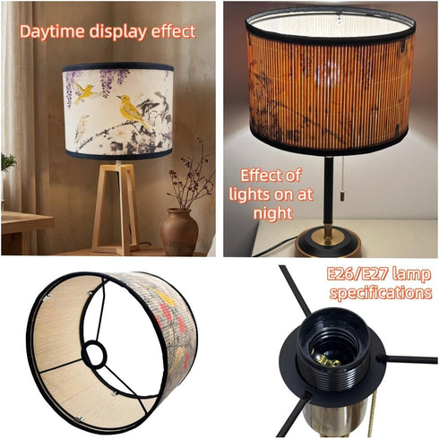Alaviitsi 11.81x7.87 Inch E26/E27, Bamboo Drum Lamp Shade Vintage Rustic Floral Bird Pattern Purple, Lamp Shade