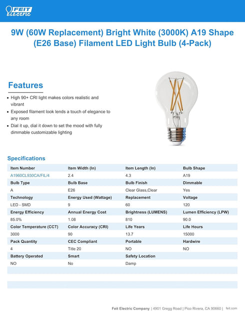 Feit Electric LED Clear A19 Light Bulb - 60W Equivalent - 810 Lumen - 3000K Bright White - Dimmable | 4-Pack