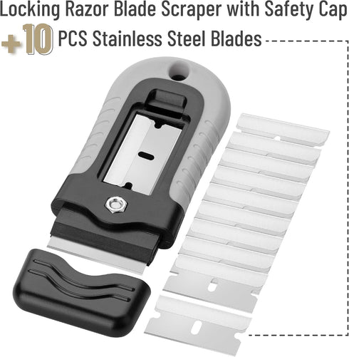 Set 10 Bates- Razor Blade Scraper, Grey, Locking Razor Scraper with Extra Stainless Steel Blades, Window Scraper