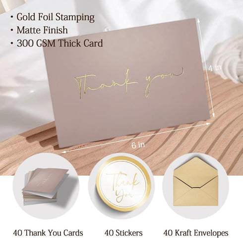 Obbyidk 40 Gold Foiled Thank You Cards with Envelopes, Thank You Card Assortments, Suitable for Baby Shower, Bridal