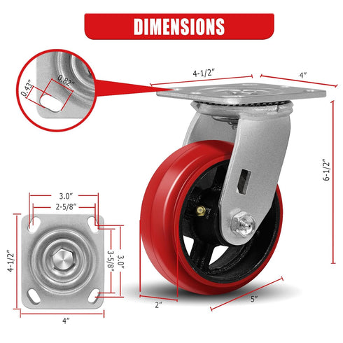 5"X2" Heavy Duty Industrial Casters, Crowned Polyurethane Tread Cast Iron Center Wheels, 1000 lbs Load Capacity, Swivel