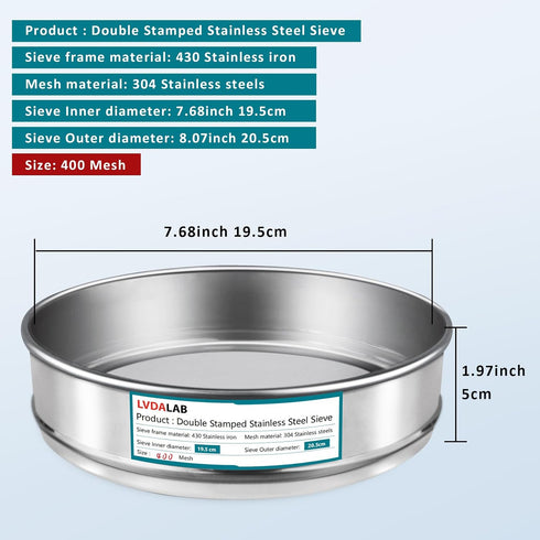 LVDALAB 304 400 (0.038mm) 7.9Inch(20cm) Stainless Steel Mesh Lab Sieve, Mesh Aperture Test Sieve, Diameter Economy
