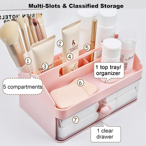 Marte Vanci Desk Organizer with Drawer, Cute Desktop Stationery Caddy, Plastic Makeup Storage Box for Home Office Crafts