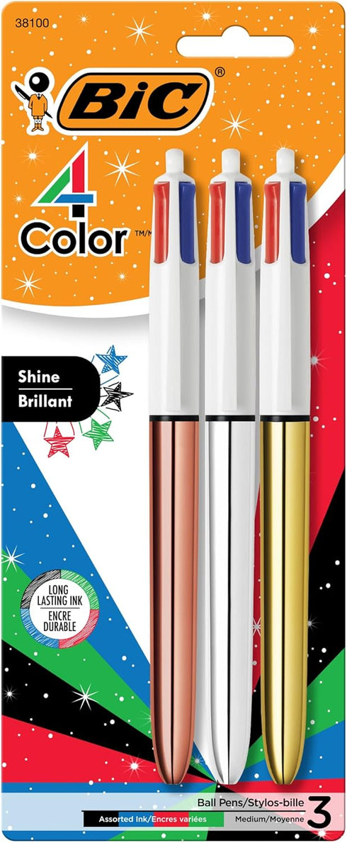 BIC 4 Color Shine Ball Pens Medium Points (1.0 mm) with Metallic Rose Gold, Silver, Gold Barrels - Pack of 3