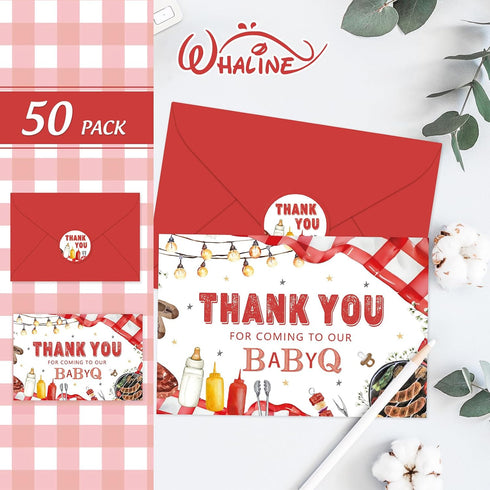 50 Pack Whaline Baby Q Baby Shower Thank You Card Red BBQ Greeting Cards with Envelopes Stickers Blank Note Cards