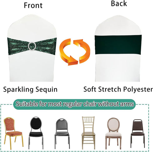 10 Pack Shimmering Sequin Chair Sashes - High Elasticity Spandex Stretch Chair Bows with Buckle for Wedding, Party
