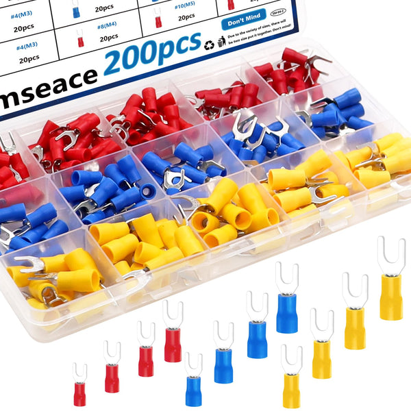smseace 200pcs Fork Spade Connectors, 12-Sizes (M3/M4/M5/M6) U-Type Insulated Fork Crimp Terminal Assortment Kit
