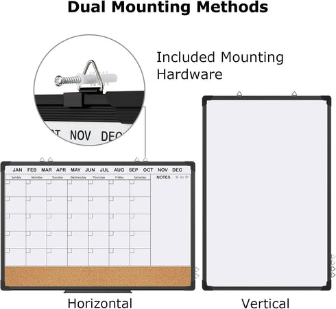 EAONE Monthly Calendar Whiteboard and Cork Board Combo, 24" X 18", Double-Sided Magnetic Dry Erase Calendar, Black