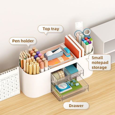 Marbrasse Desk Organizer, Beige - Pen Holder with 3 Drawers, Multi-Functional Organizer with 7 Compartments