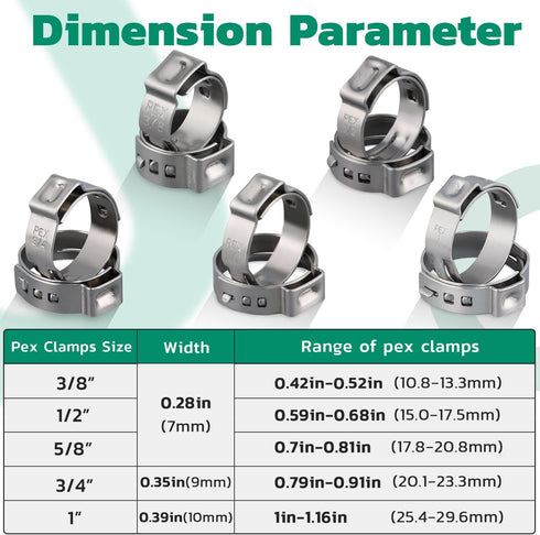 150 Pack 3/8 Inch Pex Clamps, Stepless 304 Stainless Steel Pex Cinch Clamps, Pinch Clamps for PEX Tubing Pipe