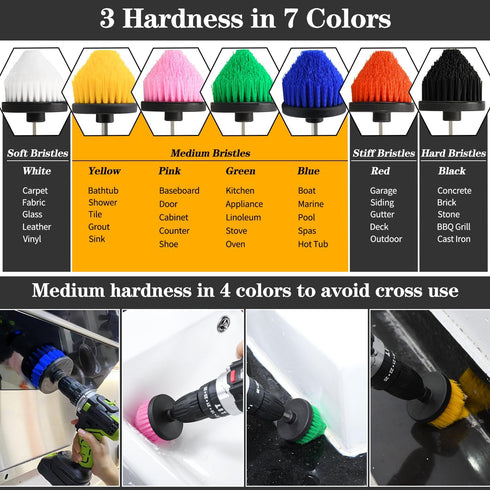FGBNM 4pcs/24pcs Set, 1/4in (4pcs, Drill Brush Attachment Yellow/Blue/Black/Red/Pink/Green/White Power Scrubber Brush