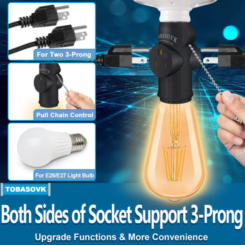 2Pcs Tobasovk 3 Prong Light Socket Adapter, Double Sides Both Support 3 Prong Light Socket to Plug Adapter, Heat-Resistant & Durable Materials Multifunctional Light Bulb Outlet Socket Adapter - Black