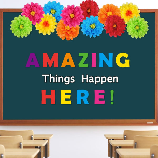Zhanmai 36 Pcs Amazing Things Happen Here Inspirational Letter Cutouts, 3D Spring Paper Flower Bulletin Board