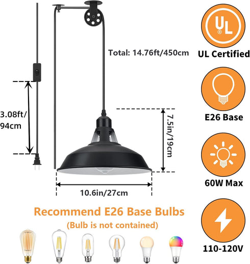 14.76ft 1 Pack Lomoky Plug in Pulley Pendant Light with Cord On/Off Switch, Industrial Barn Black Hanging Lights