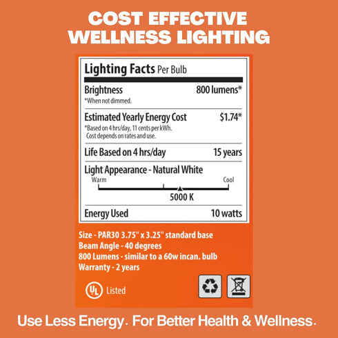 NorbSMILE CA Advanced Full Spectrum Par 30 Long Neck 10W LED Flood Light Bulb, California Energy Compliant, Natural