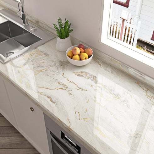 Glossy Marble Contact Paper for Countertop Kitchen Beige Gold Marble Wallpaper Modern Vinyl Wall Paper for Bathroom Waterproof 15.75"x78" Stick on Wallpaper Cabinet Wrap Desk Backsplash by Wallderful