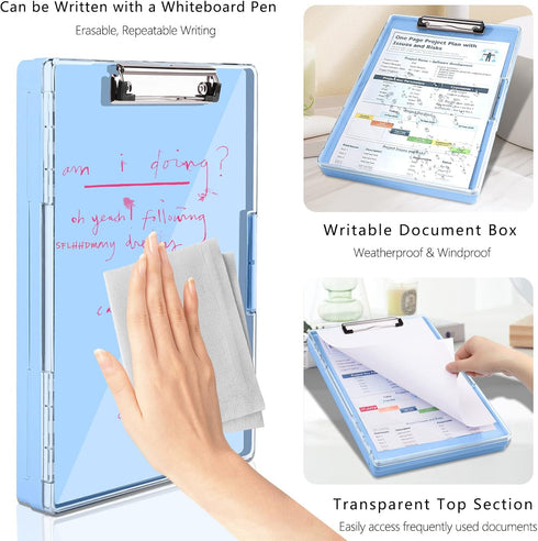 Clipboard with Storage, Heavy Duty Clip Boards 8.5x11 with 2 Storage Cases, Clear Top Panel for Office Supplies (Aqua