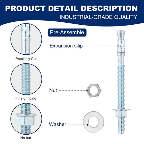 1/4"x2-1/4" Wedge Anchor by Zinced, Heavy-Duty Fastener for Cement and Concrete (20pcs Pack)