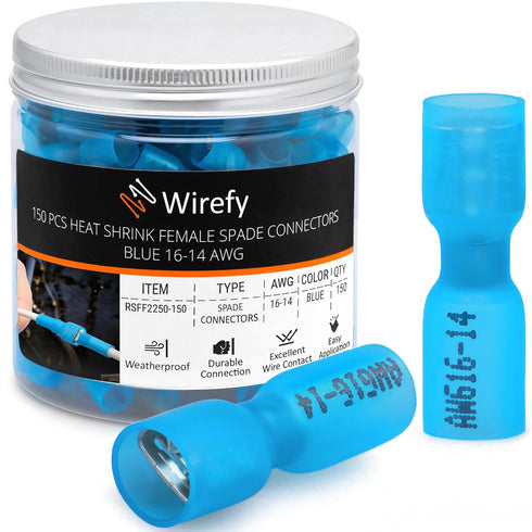 Wirefy 150 PCS Wire Spade Connectors, Female Heat Shrink Quick Disconnect Electrical Spade Terminals, Blue