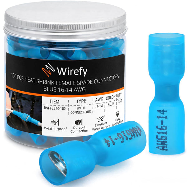 Wirefy 150 PCS Wire Spade Connectors, Female Heat Shrink Quick Disconnect Electrical Spade Terminals, Blue