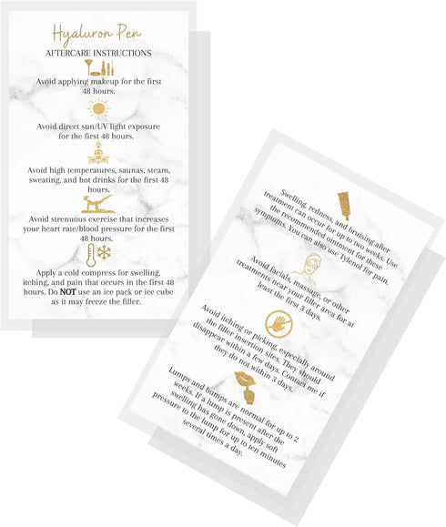 Hyaluron Pen Filler Aftercare Instruction Card, 50 Pack, Physical Printed Business Card Size, Marble Look Design