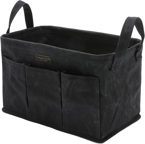 Storage Tool Case, 13.8 x 7.8 x 7.8 Inches, Rectangular Waxed Canvas Fabric Collapsible Tool Bag (Black)