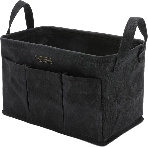 Storage Tool Case, 13.8 x 7.8 x 7.8 Inches, Rectangular Waxed Canvas Fabric Collapsible Tool Bag (Black)