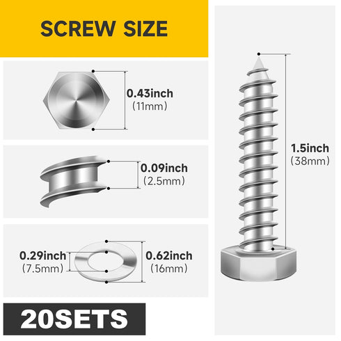 (20Sets) 1/4" x 1-1/2" Heavy Duty Hex Head Lag Bolts with Washers, 304 Stainless Steel Wood Screws, Partial Thread