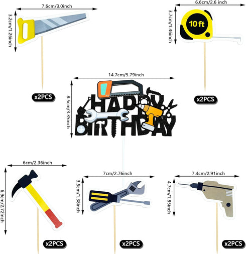 18PCS Cake Topper Tools, Toolbox Cake Decorations with Wrench, Hammer, Mechanic Drill, and More for Birthday Party Decor
