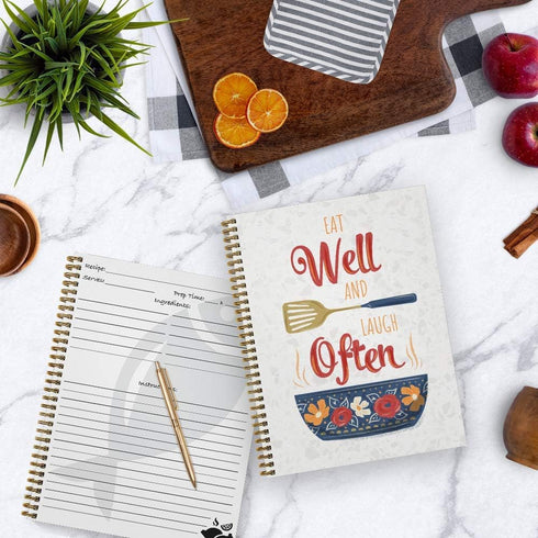 Softcover Eat Well 8.5" x 11" Recipe Spiral Notebook/Journal, 120 Recipe Pages, Durable Cover, Gold Wire-o Spiral
