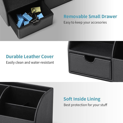 Vlando Black Leather Office Desk Organizer Caddy with Drawer for Storing Desktop Supplies and Accessories
