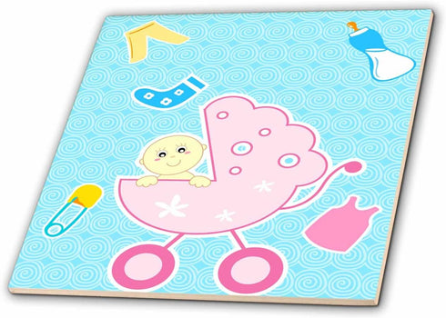 3dRose 12 Inch Cute Pink Baby Stroller with A Baby Peeking Out and A Bottle and Baby Clothes Illustration Ceramic Tile