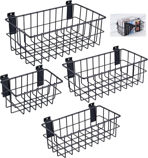 4Pcs Slatwall Basket Set, Ventilated Metal Slatwall Baskets for PVC Slatwall, Mounted Storage Display on Garage