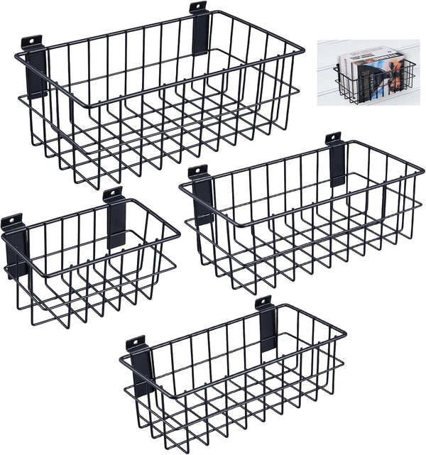 4Pcs Slatwall Basket Set, Ventilated Metal Slatwall Baskets for PVC Slatwall, Mounted Storage Display on Garage