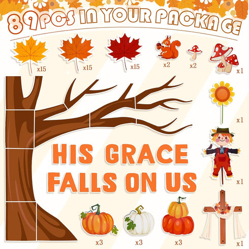 Konsait 89PCS His Grace Falls on Us Christian Bulletin Board Sets, Big Tree Pumpkins Religious Fall Decorations for