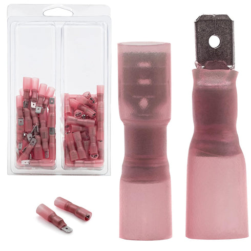 50 Male + 50 Female Blade Spade Connectors, .25" (1/4'') 6.3mm 22-18 AWG, Heat-Shrink Insulated Terminals