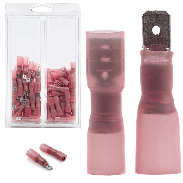 50 Male + 50 Female Blade Spade Connectors, .25" (1/4'') 6.3mm 22-18 AWG, Heat-Shrink Insulated Terminals