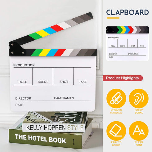 Hilitchi Film Movie Cut Action Board, Acrylic Plastic Slate with Color Sticks and 5 Whiteboard Markers