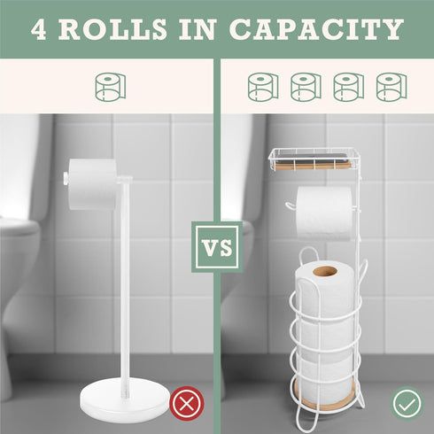 Inspired Living 3 Toilet Paper Holder Stand with Phone or Wipes Bamboo Shelf, Durable Free Standing Toilet Tissue Roll